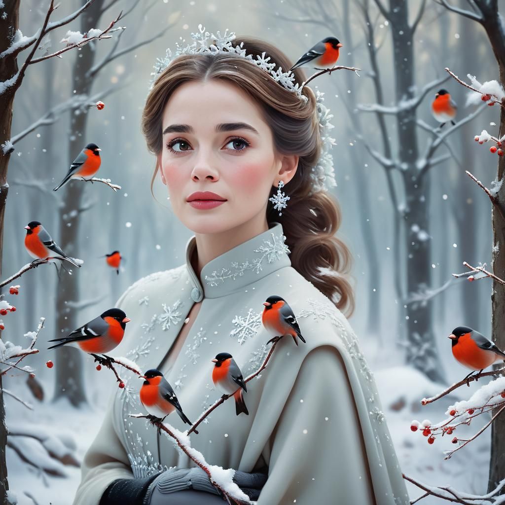 Snow Princess and Bullfinches in Winter Woodland