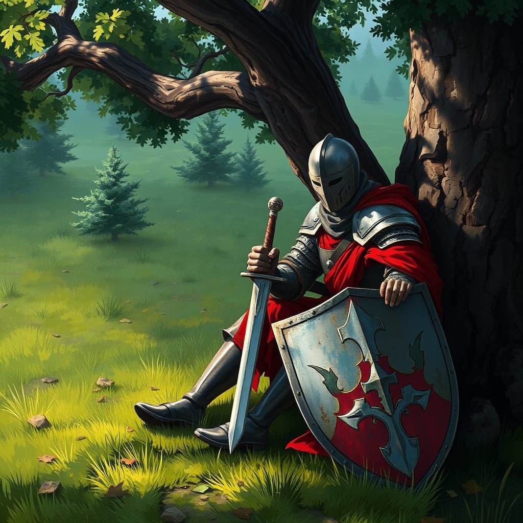 Medieval Knight Rests Under a Tree in a Digital Painting