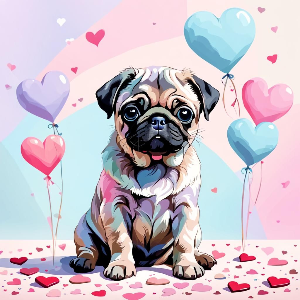 Cute Pug Puppy with Pastel Hearts, Digital Art