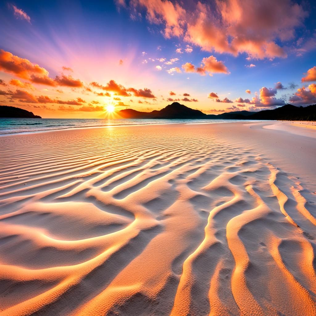 Sunset Over Whitehaven Beach, Hyperrealistic HDR Image