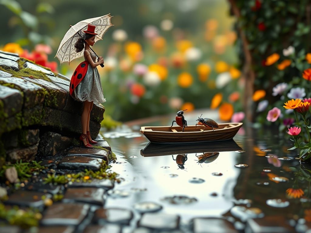 Whimsical Ladybug and Gentleman Beetle in Cobblestone Bridge...