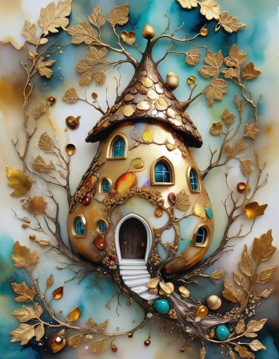 Abstract Acorn House Mixed Media Masterpiece