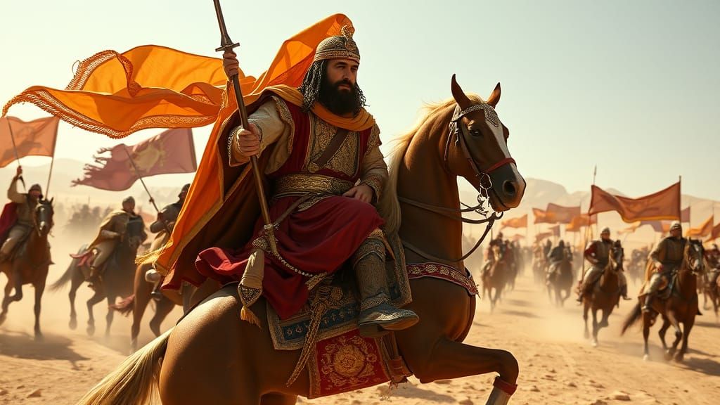 Golden Armored Saladin Leads Cavalry Charge Across Desert La...