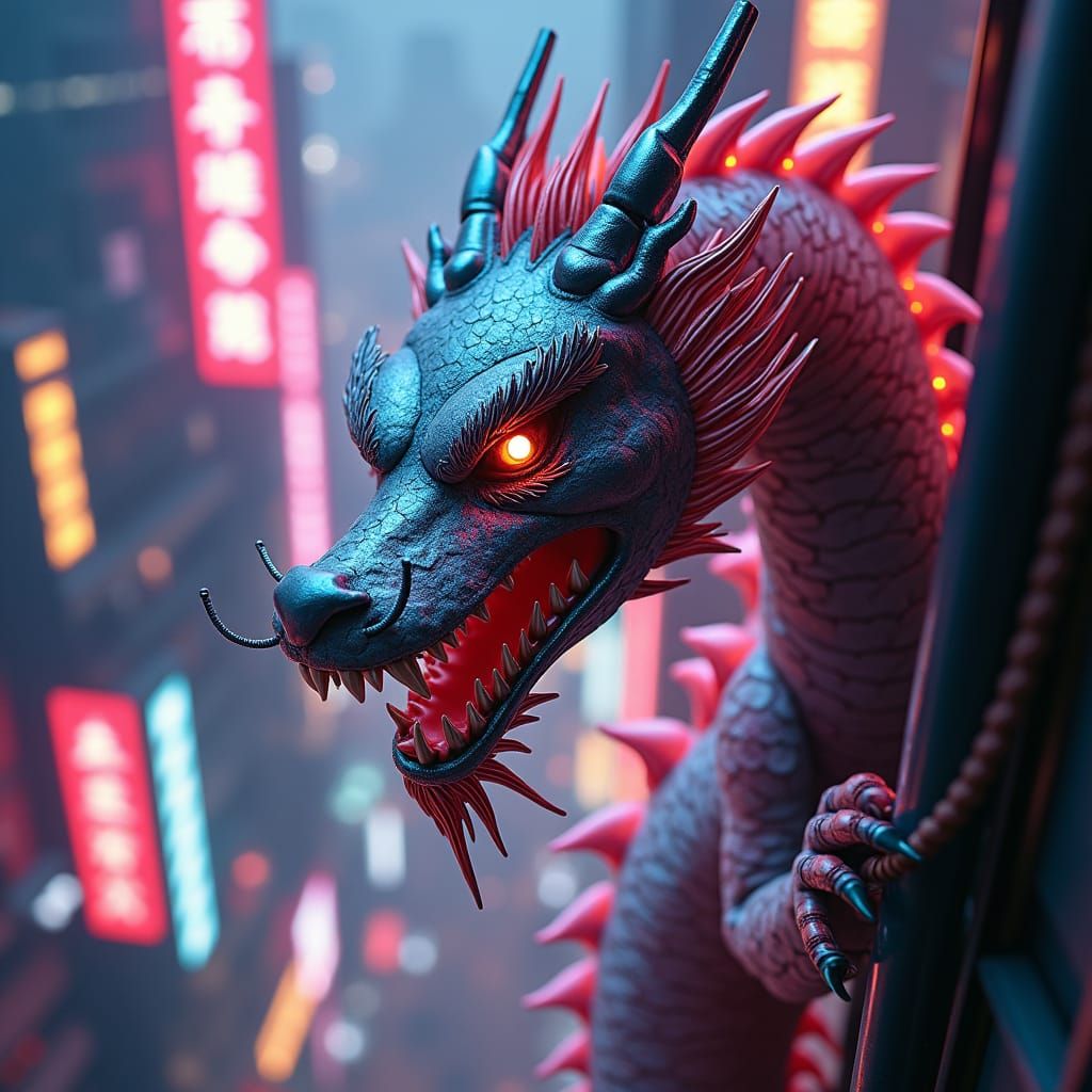 Cyberpunk Dragon Climbing Skyscraper in Neon City