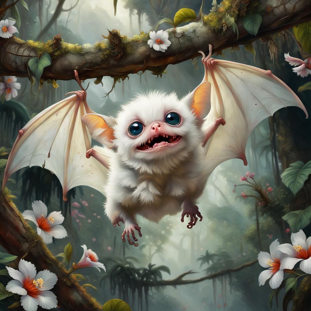 Adorable White Bats in Detailed Jungle Painting