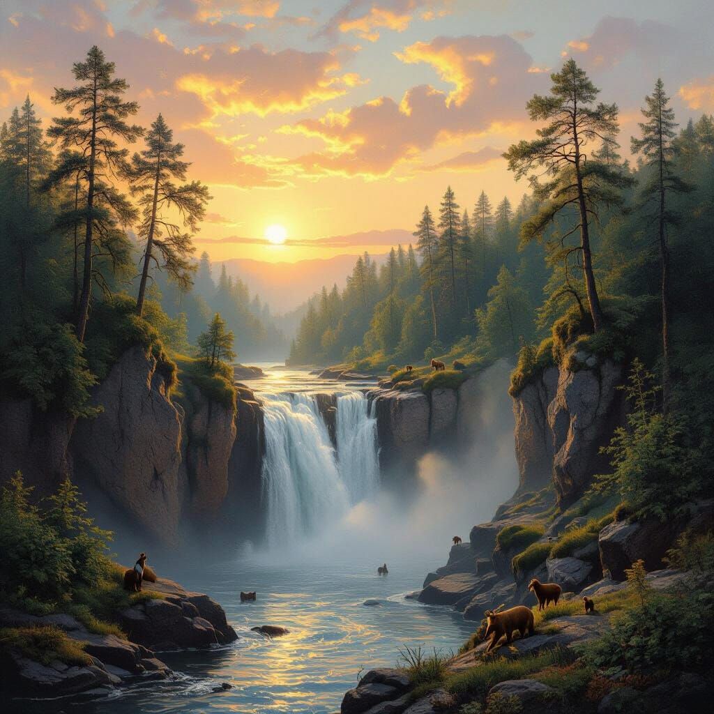 Sunrise Waterfall in Forest Gorge Painting