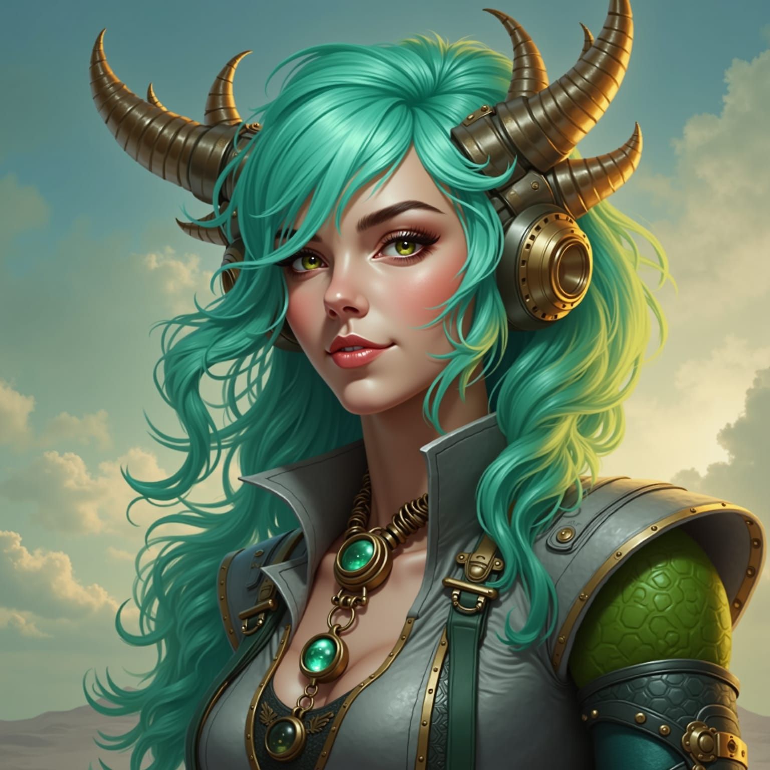 Steampunk Dragonborn Woman with Green Hair