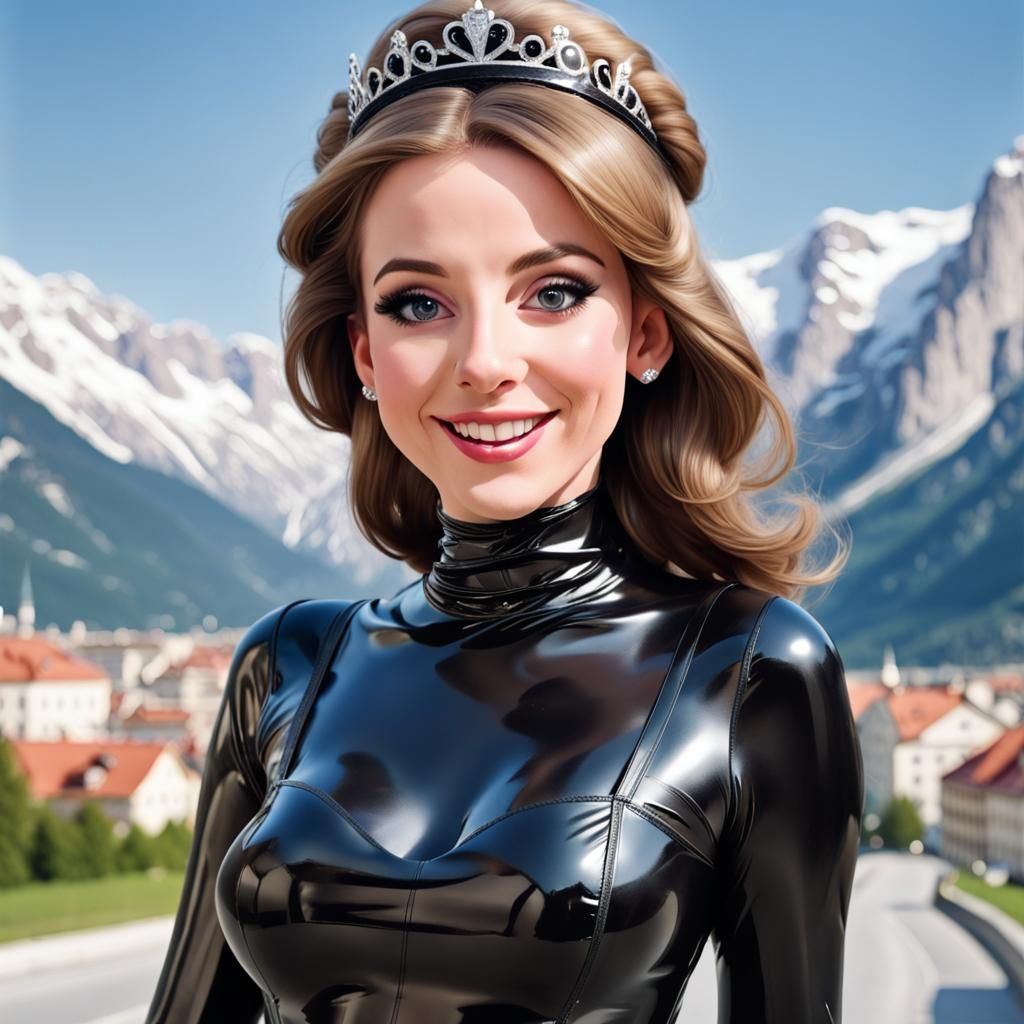 Happy Princess Sissy in Black Latex, Alps Backdrop
