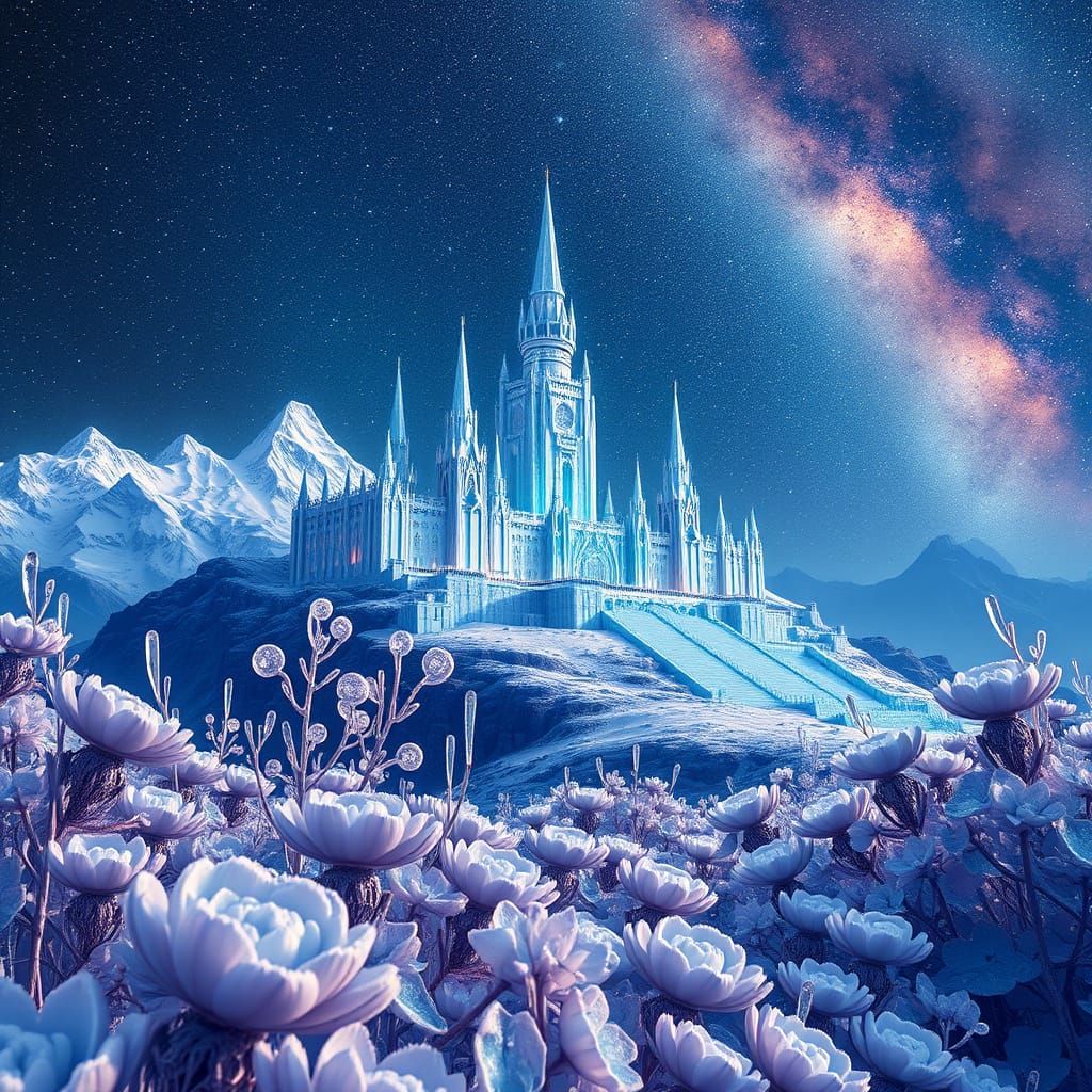 Ethereal Castle Amidst Frozen Peaks and Starry Night