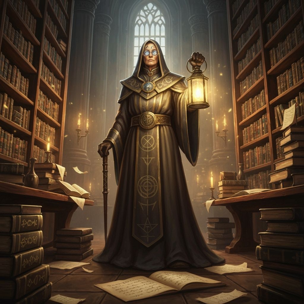 Mystical Librarian in Grand Library with Glowing Tomes