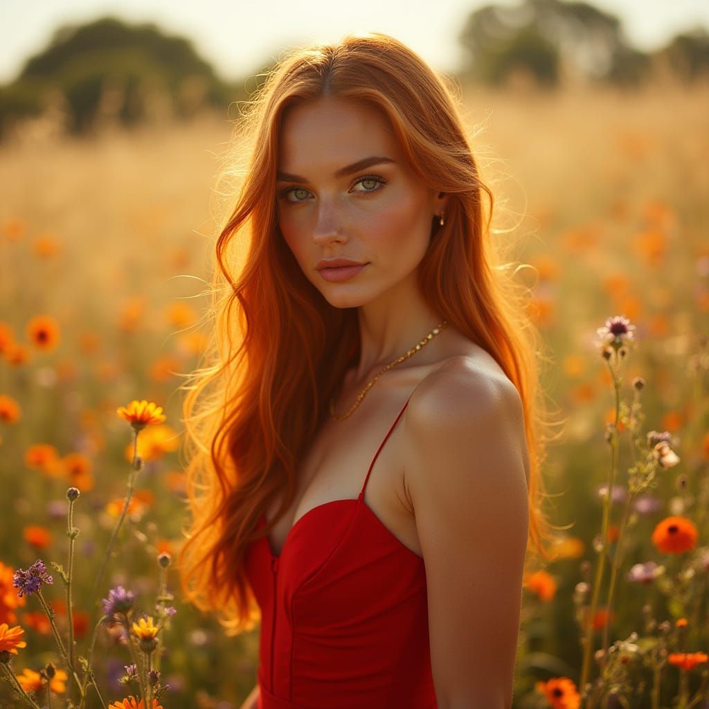Elegant Woman in Crimson Gown in Golden Light