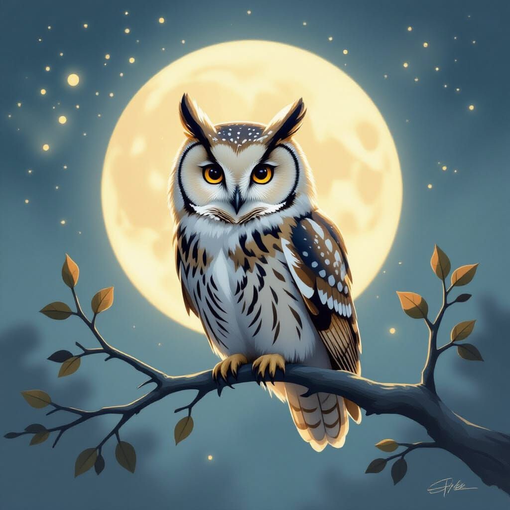 Owl on Branch in Moonlight, Romantic Landscape Painting