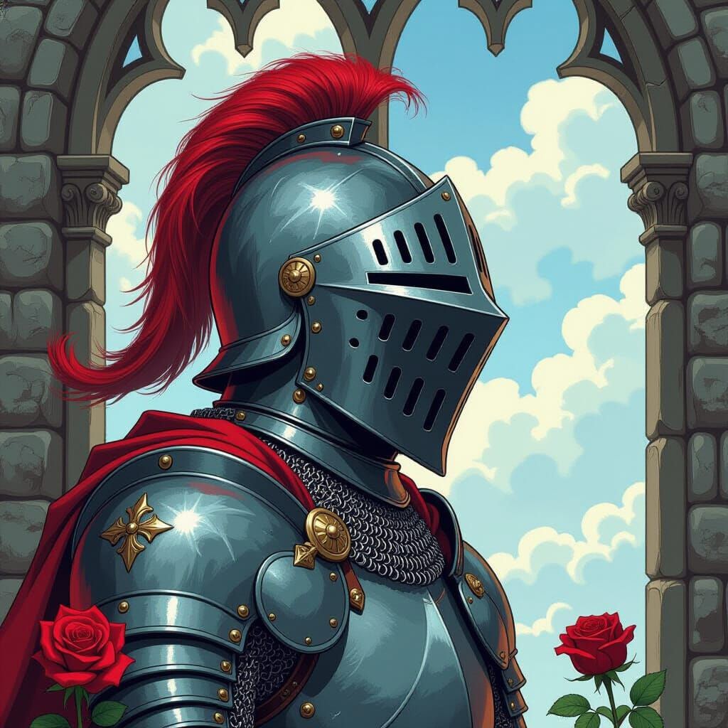 Knight's Helmet with Rose, Comic Book Art Style
