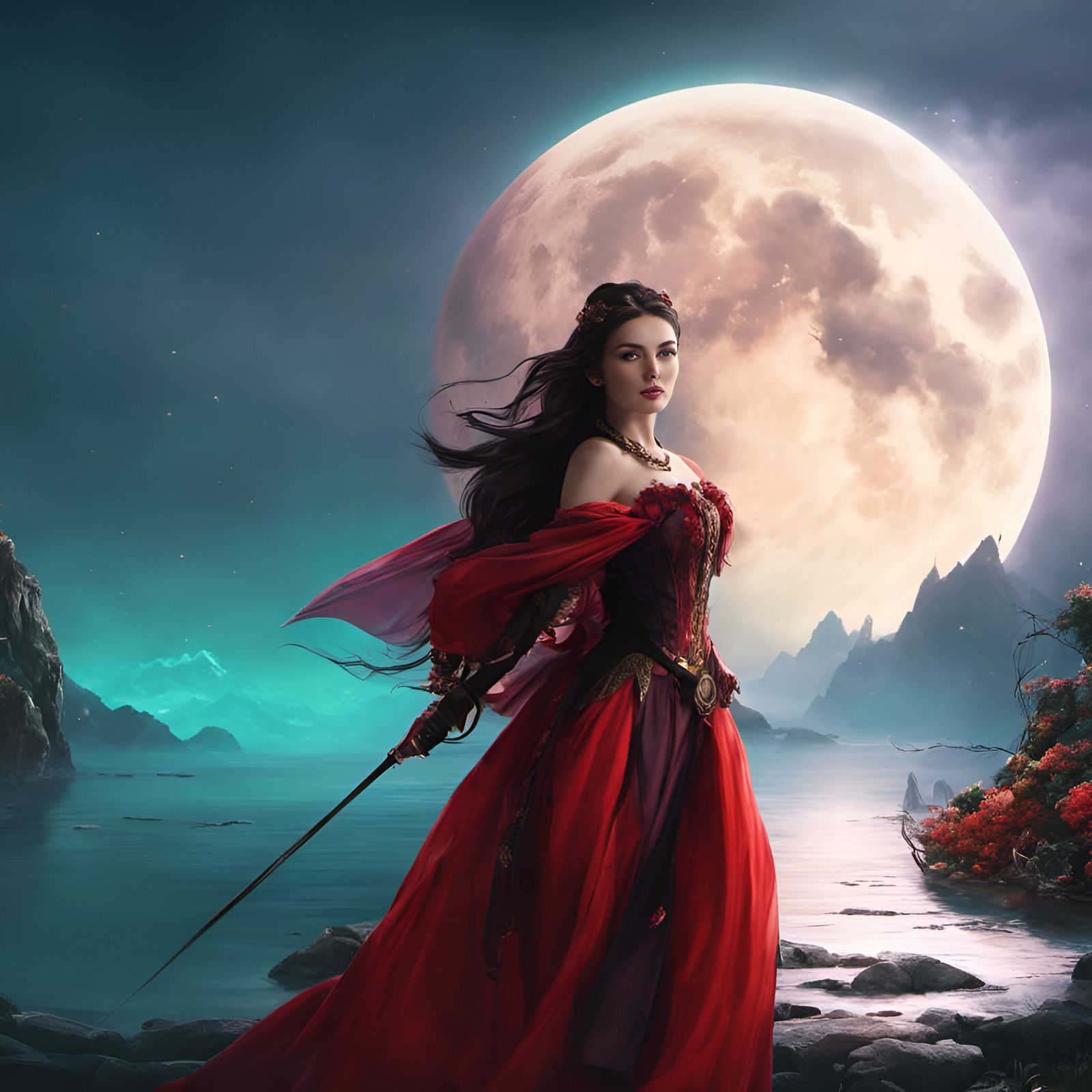 Woman in red with sword, moon, moon over lake