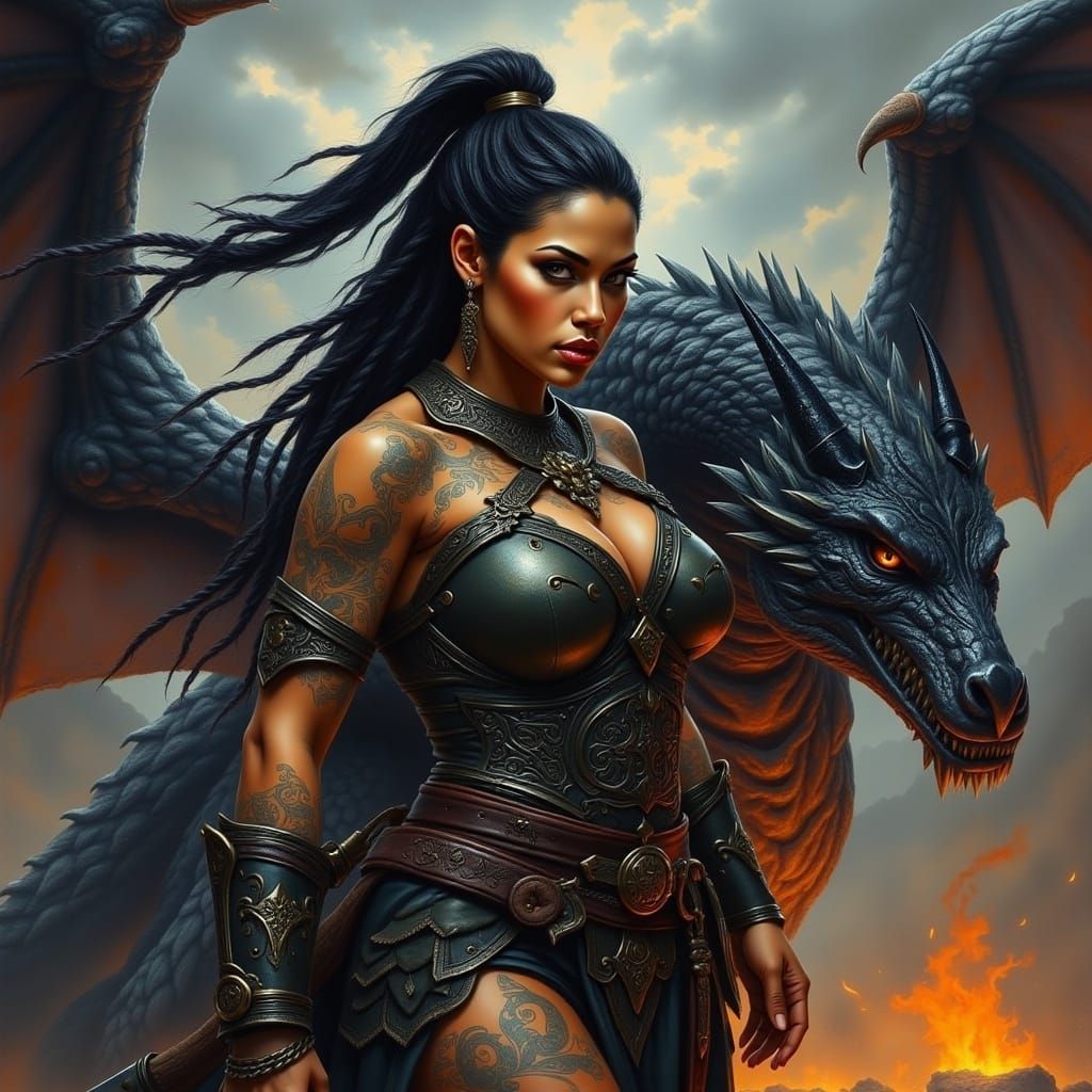 Dark Fantasy Latina Warrior with Dragon Companion