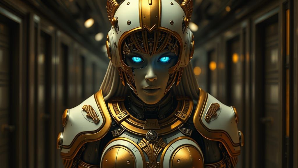 Athena Gynoid in Greek Armor with Glowing Eyes
