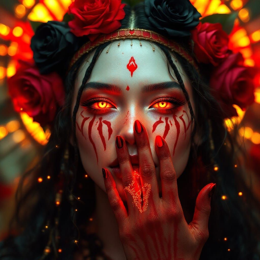 Surreal Fantasy Warrior with Glowing Red Eyes and Roses in H...