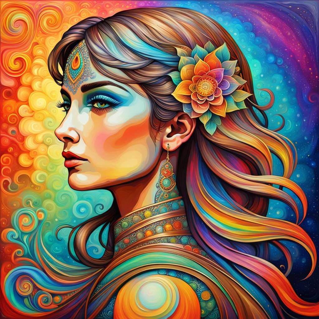 Art Nouveau Woman with Neon Colors and Mandala Hair