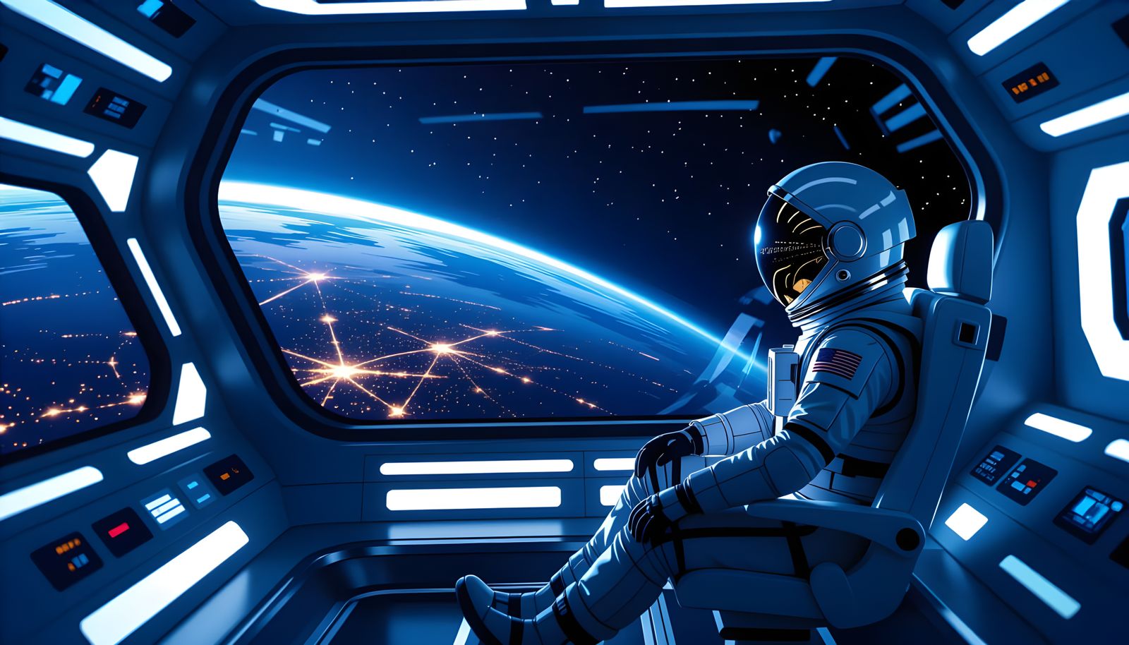 Spaceship Interior Overlooking Earth at Night