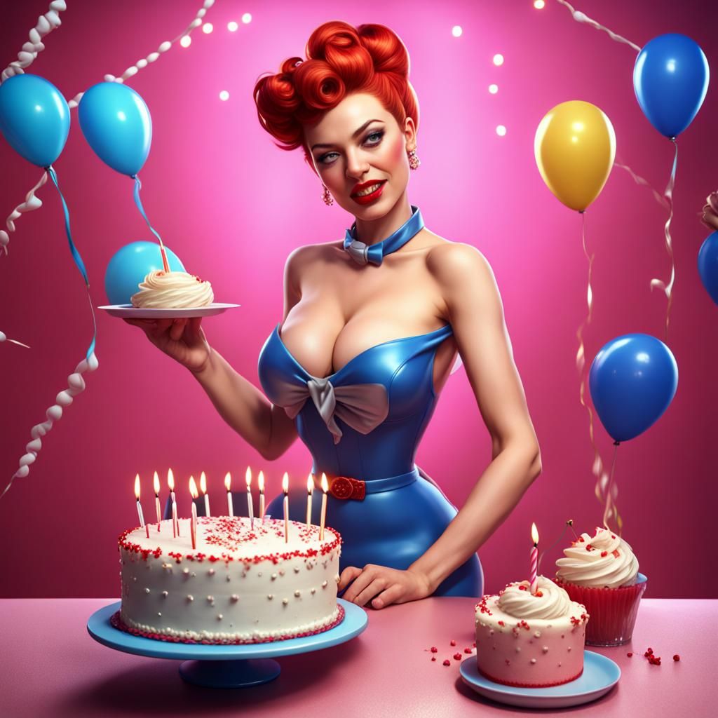 Hyperrealistic Pinup Girl Emerges from Birthday Cake