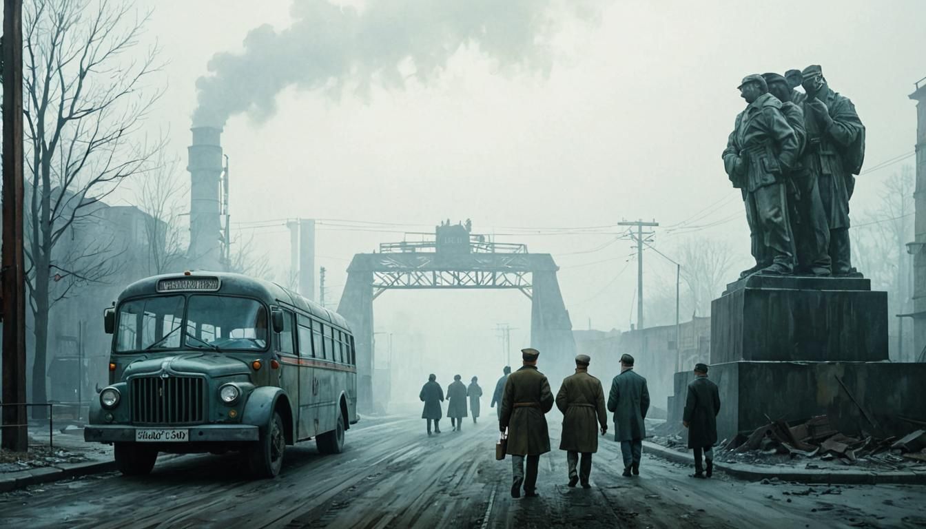 Soviet Workers in Fog: An Art Deco Scene