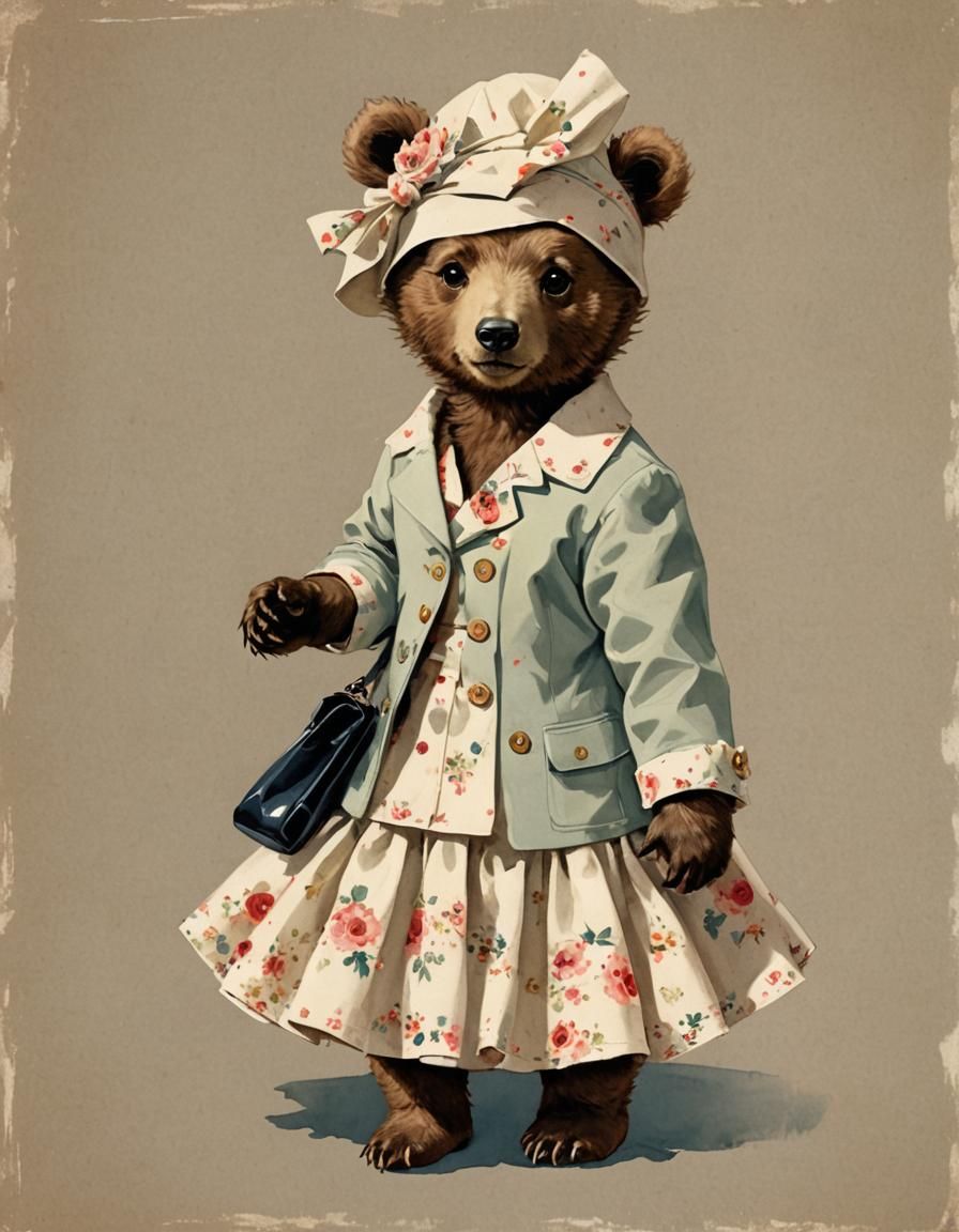 Elegant Baby Bear in Vintage Illustration Style