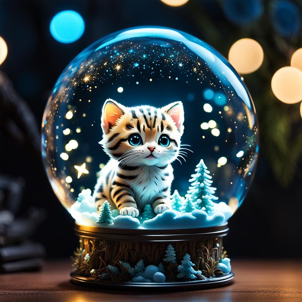Bioluminescent Ocelot Kitten in Hyperrealistic Snow Globe