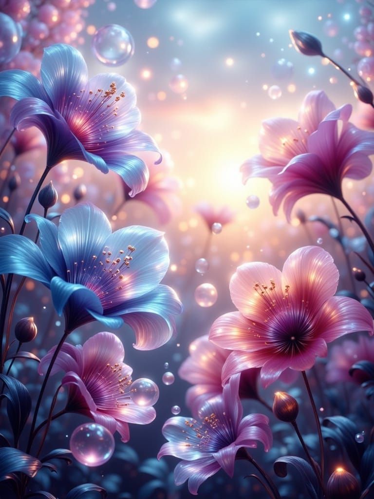Ethereal Sunset: Translucent Flowers and Bubbles