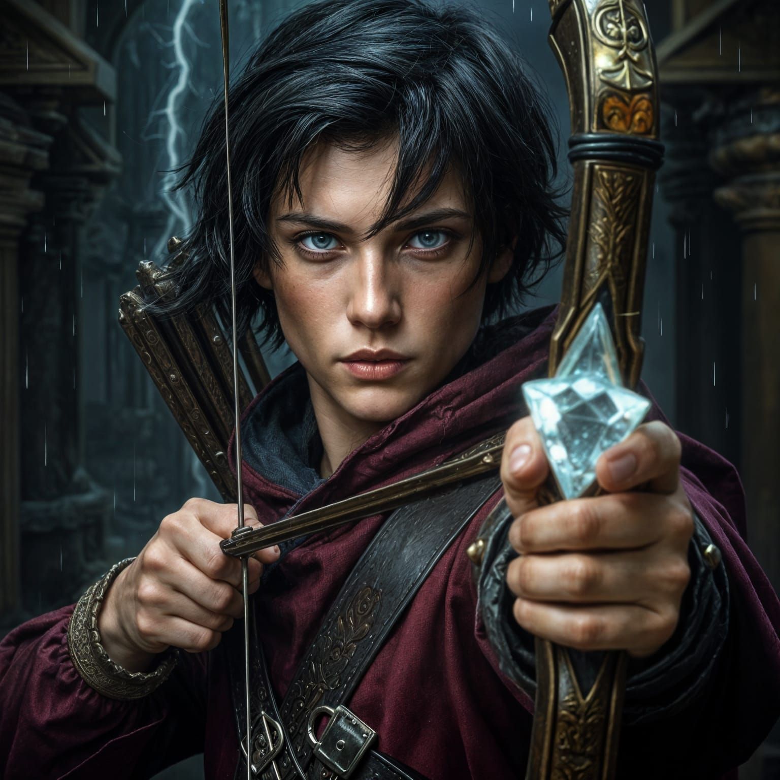 Dark Fantasy Archer with Crystal Bow, Oil Painting