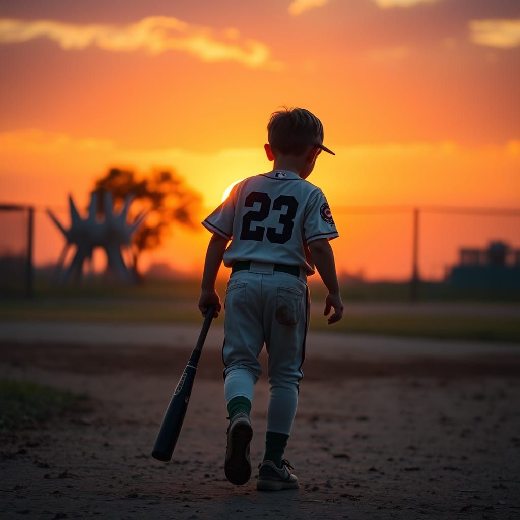 Boy Drags Bat into Sunset: Retro-Futuristic Digital Art