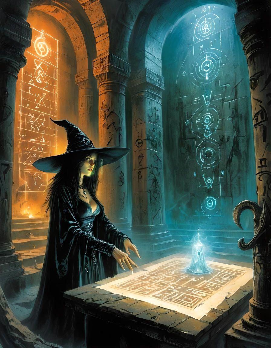 Witch Examining Magical Glyphs in Dark Temple
