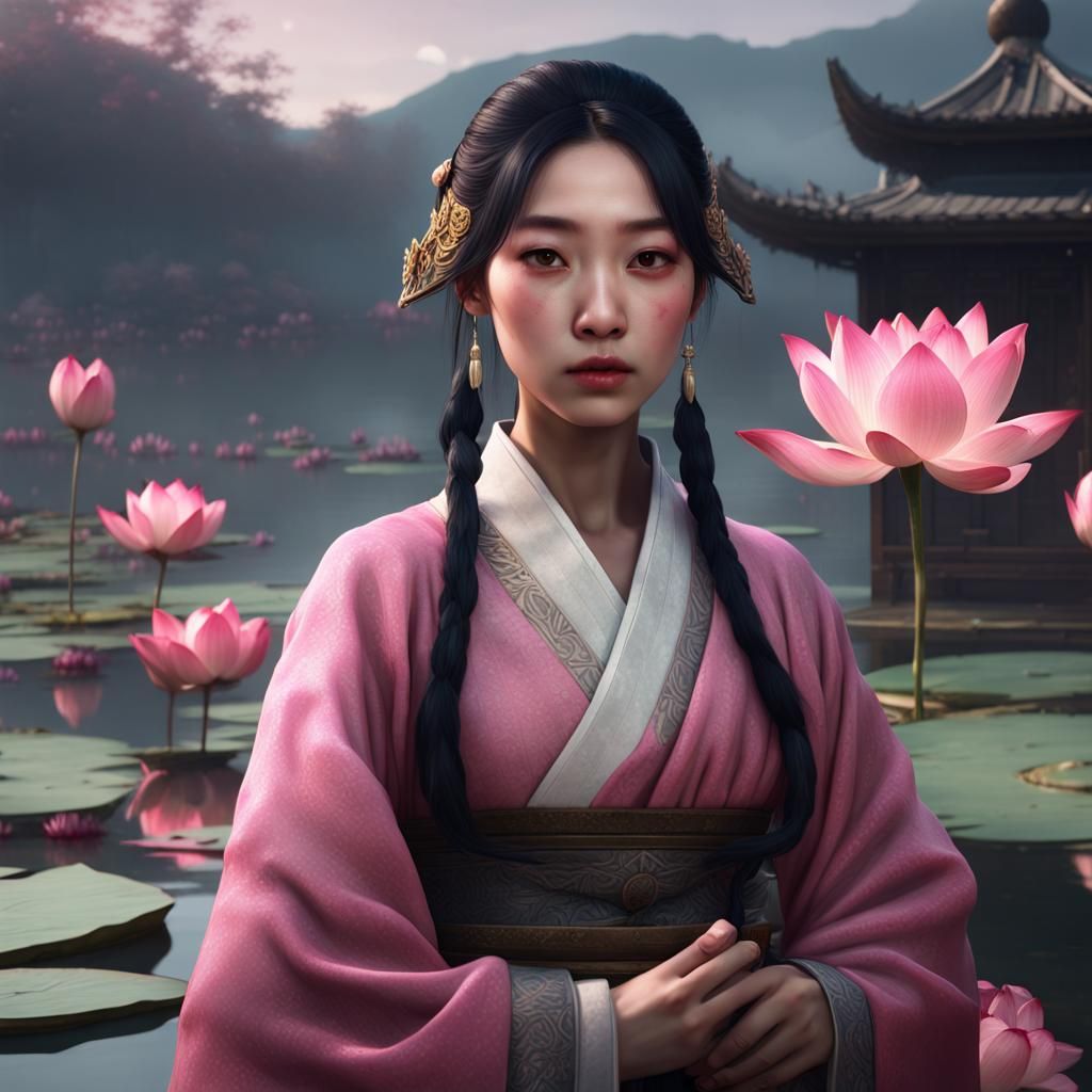 Korean Girl in Traditional Dress Over Lotus Pond