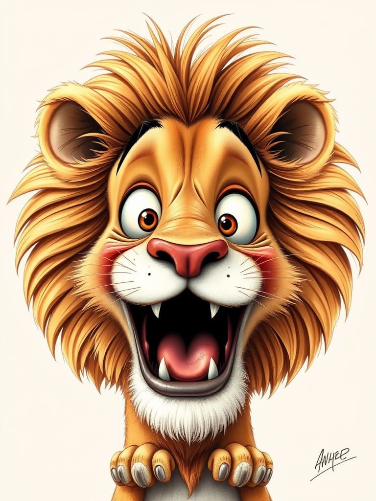 Whimsical Caricature Lion with Opened Mouth and Big Eyes