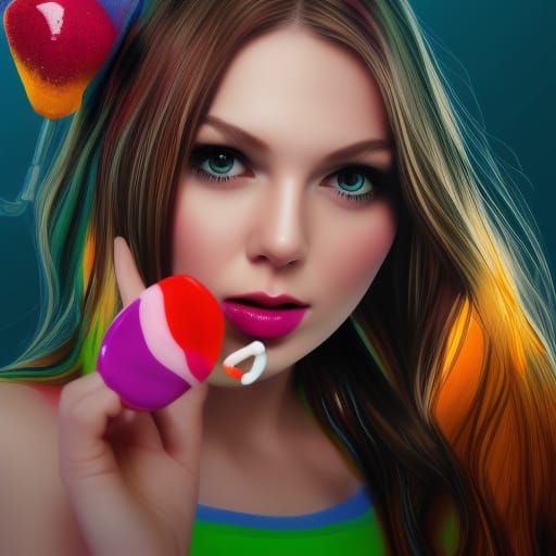 Hyperrealistic Cat Girl with Lollipop Splash Art