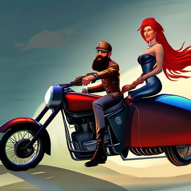 A man with a long beard riding a motorcycle with a cute redhead woman in the sidecar. Hyperrealistic, splash art, concep...