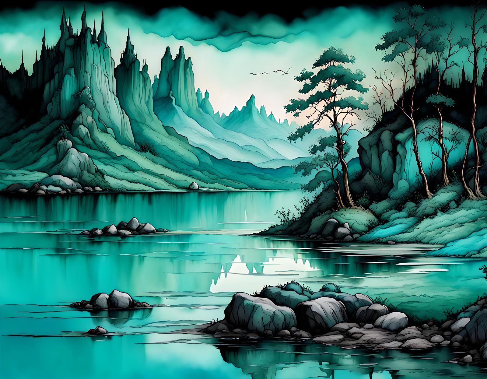 A beautiful landscape scene, palette shades of turquoise
