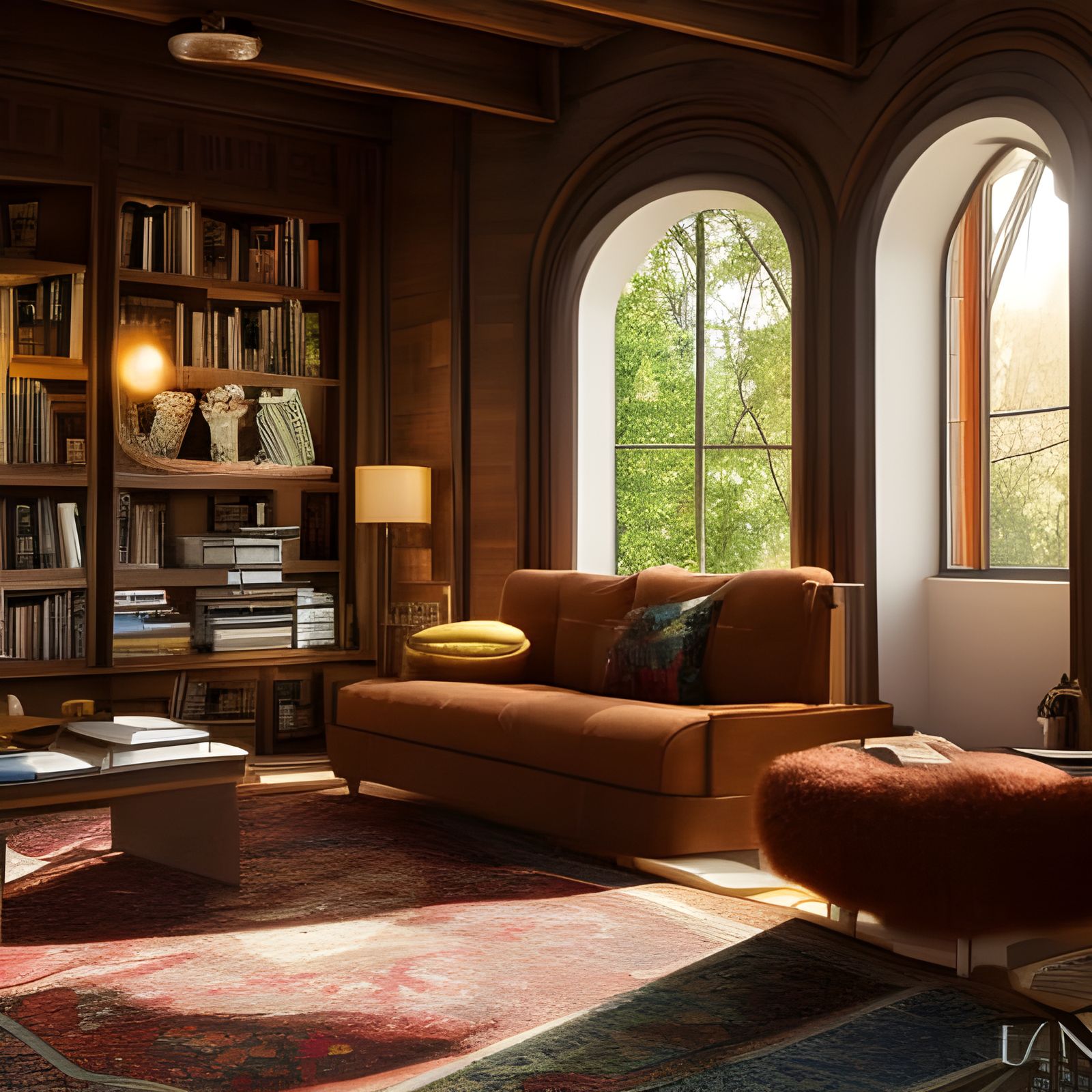 Inviting Mid-Century Library in Solarpunk Style