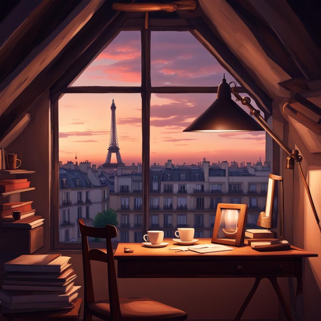 Romantic Paris Vista from Attic Illustration