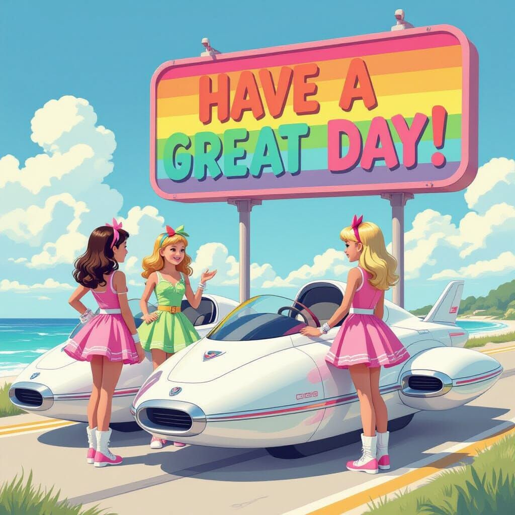 Girls by Hovercraft Discussing Rainbow Sign, Whimsical Style