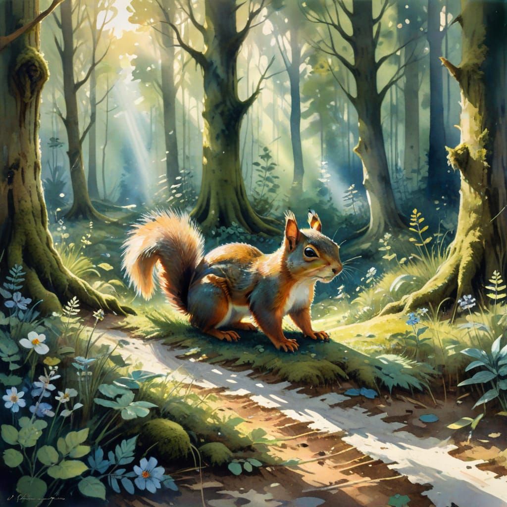Whimsical Summer Squirrel in Watercolour
