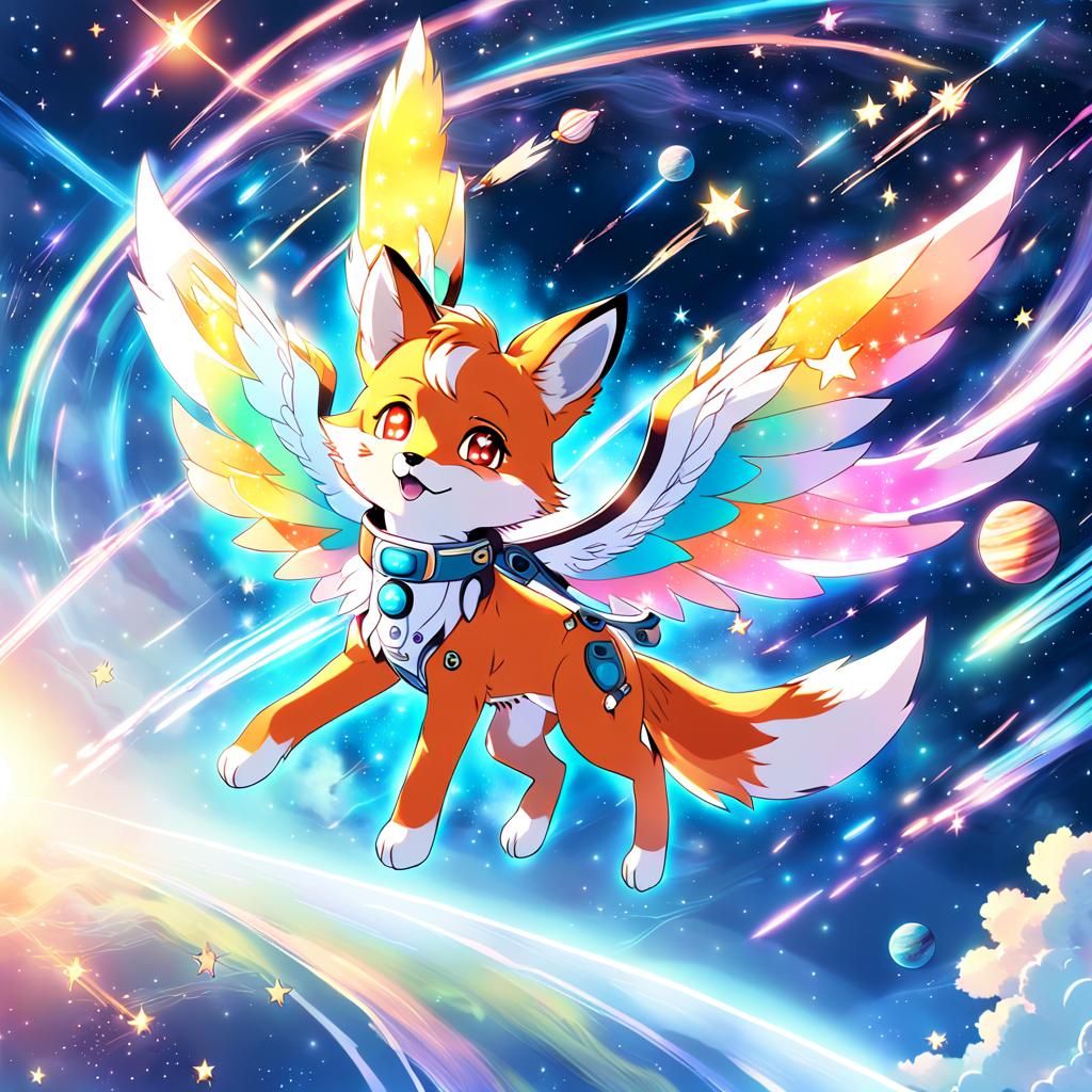 Winged Fox Flies Through Space in Anime Style