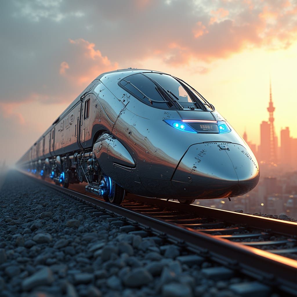 Sleek Futuristic Train Emerges from Cyberpunk Cityscape
