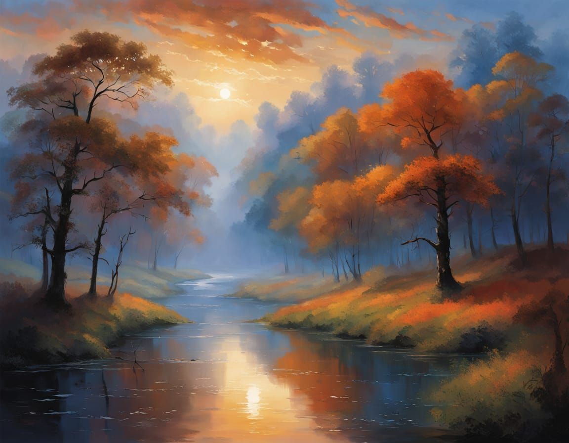 Surreal Sunset Forest Scene in Vibrant Colors