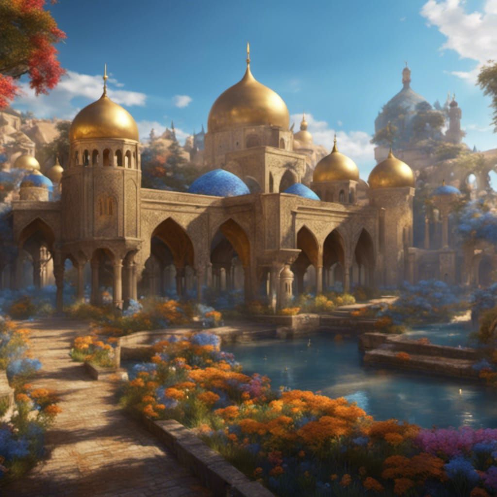 Persian Town with Golden Domes and Blue Mosaics