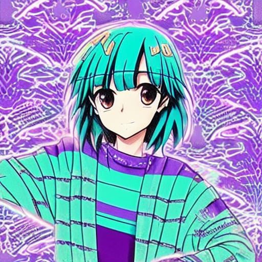 Purple & Turquoise Retro Fashion in Manga Style