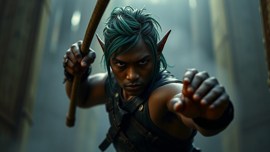 Dark Gritty Wood Elf Martial Artist in Cinematic Atmosphere