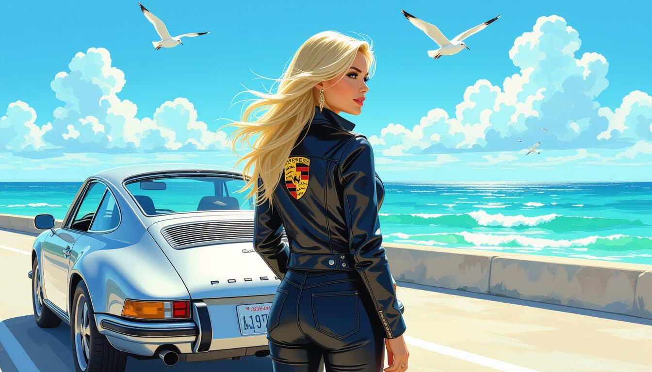 Blonde Woman in Leather Jacket with Porsche Beside Vintage 9...