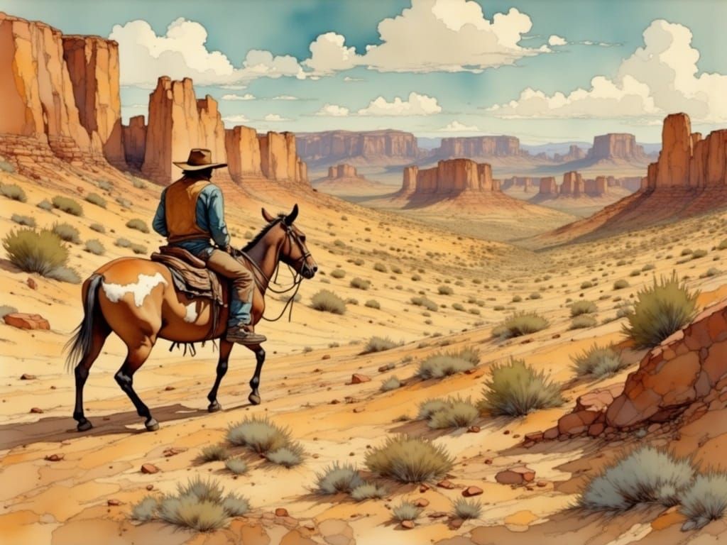 Cowboy on Donkey in Wild West Landscape