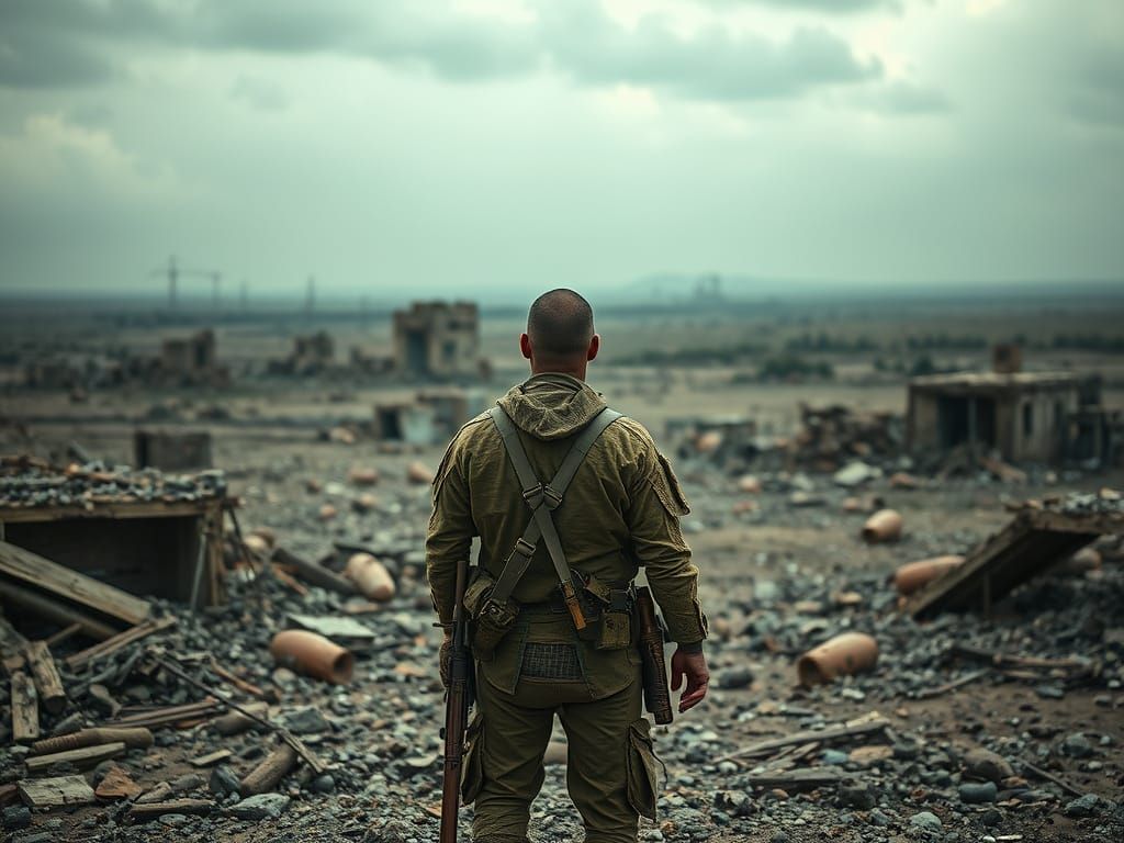 Worn Soldier in War-Torn Landscape, Photorealistic