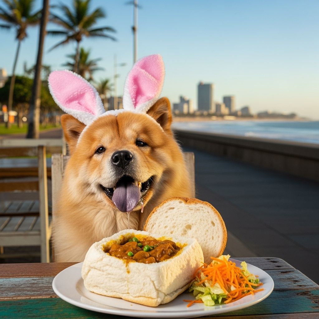 Chow Chow Dog Enjoys Bunny Chow on Durban Beach